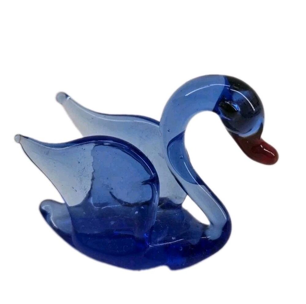 Vintage 80s Swan Figurine Miniature Art Glass Cobalt Blue 1.5 Inch